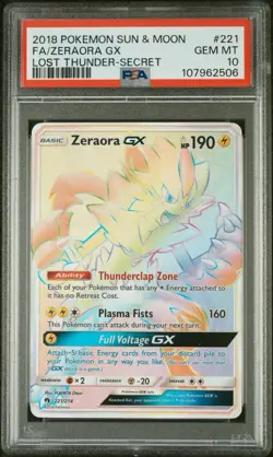 PSA 10 - POKEMON SUN & MOON LOST THUNDER SECRET #221 FULL ART/ZERAORA GX - Image 1