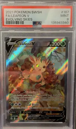 PSA 9 2021 POKEMON LEAFEON V SWSH07 EVOLVING SKIES FULL ART HOLO ULTRA RARE #167 - Image 1