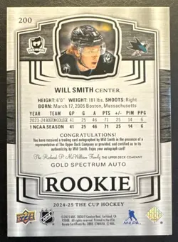 2024-25 Will Smith The Cup Rookie Auto Gold Spectrum /36 Sharks RC SSP - Image 3