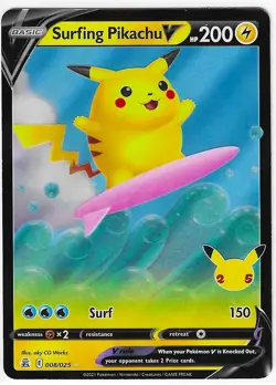 SURFING PIKACHU V 008/025 Celebrations Ultra Rare Holo Pokemon Card MINT - Image 1
