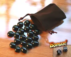 Tiny Brown Dice Bag & Black Glass Gem Tokens, Counters Small Gaming Stones MTG - Image 1