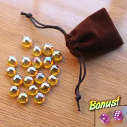 Tiny Brown Dice Bag & Gold Glass Gem Tokens, Life, Energy Counters Stones MTG - Image 1