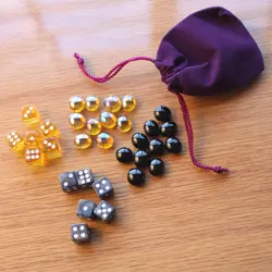 Tiny Dice Bag Lot Black Gold Dice & Glass Gem Tokens, Gaming Counters Magic MTG - Image 1