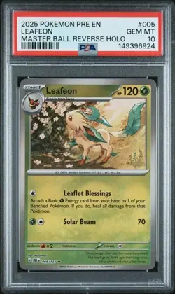 PSA 10 2025 POKEMON PRISMATIC EVOLUTIONS 005 LEAFEON MASTER BALL REVERSE HOLO - Image 1