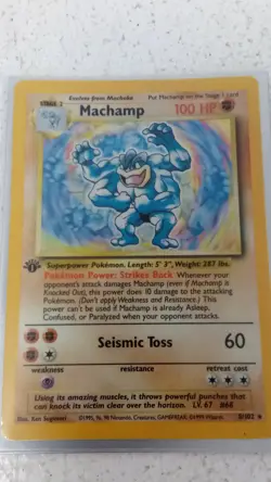 Pokemon Machamp 8/102 Base Set Holo + Sleeve 1st Edition - Image 1
