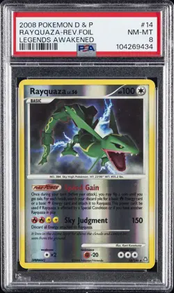 2008 POKEMON DIAMOND & PEARL LEGENDS AWAKENED #14 RAYQUAZA-REVERSE FOIL PSA 8 - Image 1