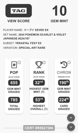 Eevee EX 224/187 SAR Japanese Pokemon Terastal Festival HIGH RANK💎 TAG 10 Gem - Image 3