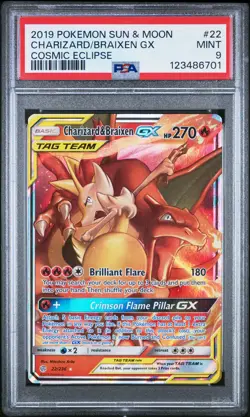 2019 POKEMON SUN & MOON COSMIC ECLIPSE #22 CHARIZARD & BRAIXEN GX PSA 9 - Image 1