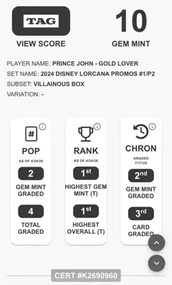 Prince John Disney Lorcana Promo Gold Lover #1/P2 TAG 10 HIGHEST RANKED💎 POP 2! - Image 3
