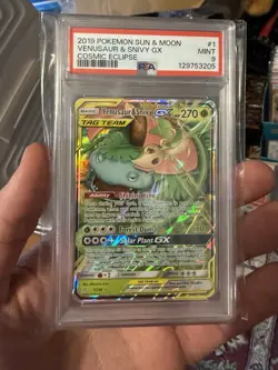 2019 POKEMON SUN & MOON COSMIC ECLIPSE #1 VENUSAUR & SNIVY GX PSA 9 - Image 1