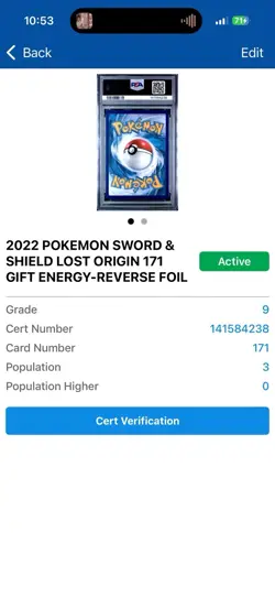 2022 Pokemon SW&SH LOST ORIGIN #171 GIFT ENERGY Reverse Foil | PSA 9| POP 1 of 3 - Image 3