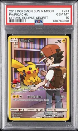 2019 POKEMON SUN & MOON COSMIC ECLIPSE SECRET #241 FULL ART/PIKACHU PSA 10 - Image 1