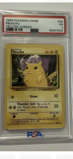 PSA 1 Pikachu Base Set Yellow Cheeks 58/102 1999 Pokemon PR Graded - Image 1
