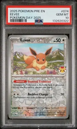 2025 POKEMON PRE EN-PRISMATIC EVOLUTIONS POKEMON DAY 2025 #074 EEVEE PSA 10 - Image 1