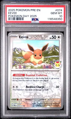 2025 POKEMON PRE EN-PRISMATIC EVOLUTIONS POKEMON DAY 2025 #074 EEVEE PSA 10 - Image 1