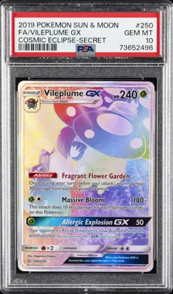 2019 POKEMON SUN & MOON COSMIC ECLIPSE SECRET #250 FULL ART/VILEPLUME GX PSA 10 - Image 1