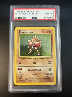 Pokemon Cards 1999 Base Set Unlimited Hitmonchan Holo 7/102 PSA 8 NM-MT - Image 1