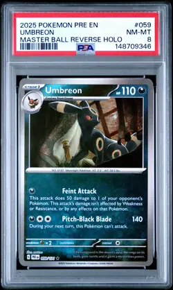 2025 POKEMON PRE EN-PRISMATIC EVOLUTIONS MASTER BALL REVERSE HOLO UMBREON PSA 8 - Image 1
