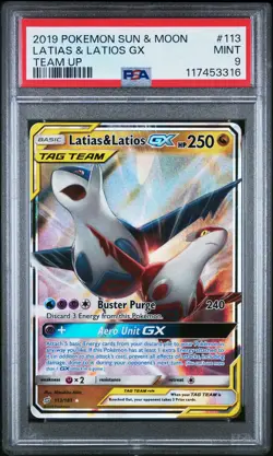 2019 POKEMON SUN & MOON TEAM UP #113 LATIAS & LATIOS GX PSA 9 - Image 1