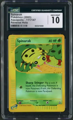 2003 Pokemon Aquapolis Spinarak Reverse Holo 111/147 CGC Gem Mint 10 - Image 1