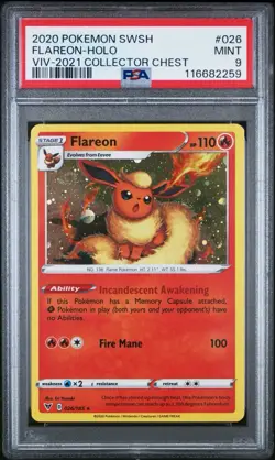 PSA 9 Pokemon Flareon 026/185 Cosmos Holo - 2021 Collectors Chest SWIRL - Image 1