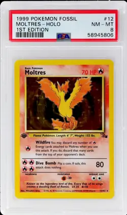 1999 Pokemon Fossil Moltres #12 PSA 8 1st Edition Holo NM-MT - Image 1
