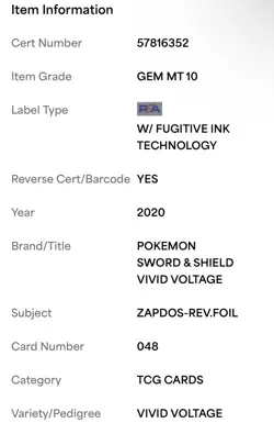 Zapdos 048/185 Pokemon Vivid Voltage Reverse Holo PSA 10 GEM MINT LOW POP #048 - Image 4