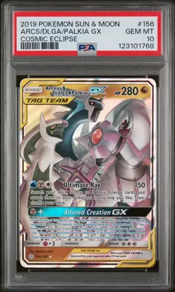 2019 POKEMON SUN & MOON COSMIC ECLIPSE #156 ARCEUS & DIALGA & PALKIA GX PSA 10 - Image 1