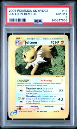 2003 POKEMON SKYRIDGE #13 JOLTEON-REVERSE FOIL PSA 8 - Image 1