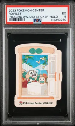 2023 POKEMON CENTER PIKACHU AWARD DELIVERY! STICKER HOLO ROWLET PSA 5 - Image 1