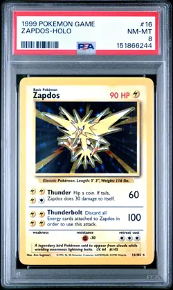 1999 POKEMON BASE SET UNLIMITED #16 ZAPDOS-HOLO PSA 8 - Image 1