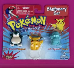 Vtg 1999 Pokemon Stationery Set Clip Magnet Eraser Pikachu Snorlax Squirtle - Image 1