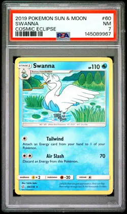 2019 POKEMON SUN & MOON COSMIC ECLIPSE #60 SWANNA PSA 7 - Image 1