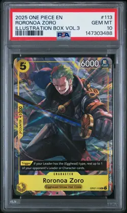 2025 ONE PIECE PROMOS ILLUSTRATION BOX VOL.3 #113 RORONOA ZORO PSA 10 - Image 1