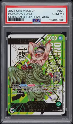 2026 ONE PIECE JPN PROMO SERIALIZED TOP PRIZE #020 RORONOA ZORO 623/1850 PSA 10 - Image 1