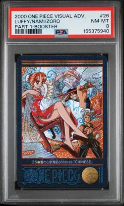 2000 CARDDASS ONE PIECE VISUAL ADVENTURE PART 1 BOOSTER LUFFY/NAMI/ZORO PSA 8 - Image 1