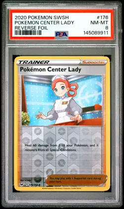 2020 POKEMON SWORD & SHIELD #176 POKEMON CENTER LADY-REVERSE FOIL PSA 8 - Image 1