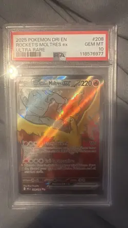 2025 Pokemon Team Rockets Moltres Ex 208/182 Special Illustration PSA 10 GEM MT2 - Image 1