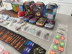 Huge Pokemon Supply Lot Sleeves, Cards, Pins, Tins, Coins, Playing Mats - Image 3