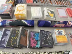 Huge Pokemon Supply Lot Sleeves, Cards, Pins, Tins, Coins, Playing Mats - Image 5