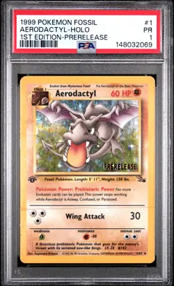 1999 POKEMON FOSSIL 1ST EDITION-PRERELEASE #1 AERODACTYL-HOLO PSA 1 - Image 1
