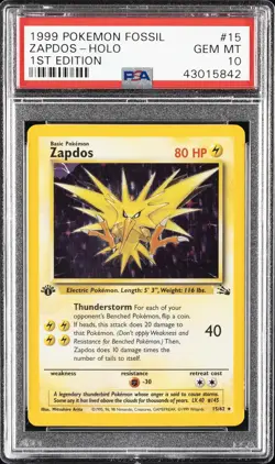 1999 POKEMON FOSSIL 1ST ED #15 ZAPDOS-HOLO PSA 10 - Image 1