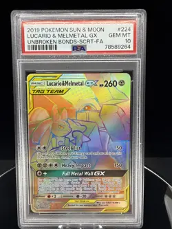 2019 POKEMON SUN & MOON UNBROKEN BONDS FULL ART/LUCARIO & MELMETAL GX PSA 10 - Image 1