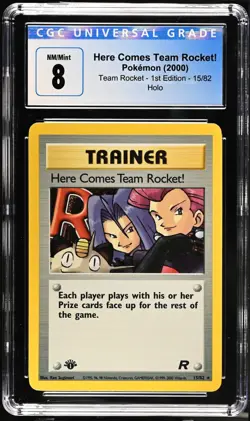 CGC 8 Here Comes Team Rocket Holo 15/82 First Edition Team Rocket Pokemon Card - Image 1