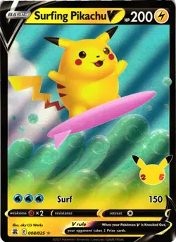 Pokemon TCG Celebrations Surfing Pikachu V 008/025 Ultra Rare Holo NM - Image 1