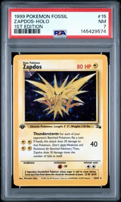 1999 POKEMON FOSSIL 1ST EDITION #15 ZAPDOS-HOLO PSA 7 - Image 1