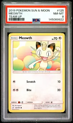 2019 POKEMON SUN & MOON TEAM UP #125 MEOWTH PSA 8 - Image 1