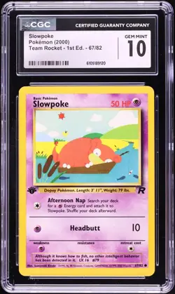 2000 Pokemon Team Rocket 1st Edition Slowpoke #67 CGC 10 - Image 1