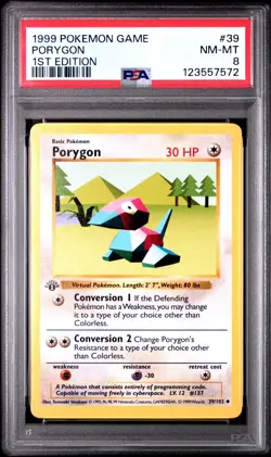 1999 POKEMON BASE SET FIRST EDITION 1ST SHADOWLESS #39 PORYGON PSA 8 - Image 1