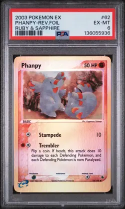 2003 POKEMON EX RUBY & SAPPHIRE #62 PHANPY-REVERSE FOIL PSA 6 - Image 1